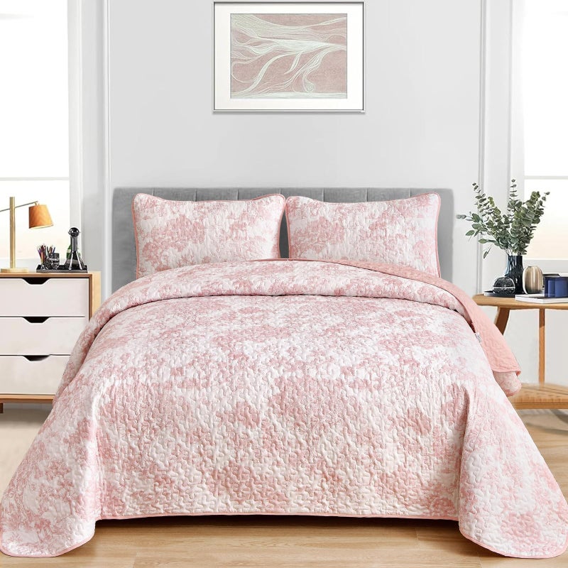 WONGS BEDDING Quilt Set King Size  3 Pieces Pink Floral Plants Printed Bedspread Coverlet Set Soft Lightweight Microfiber Botanical Bedding Set for All Season (104""x90"") - Image 2